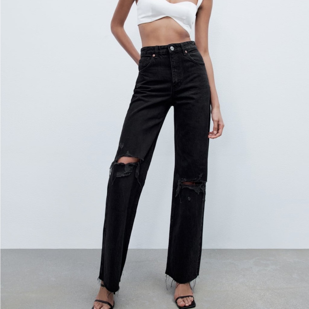 Zara ripped wide leg jeans black Size US 8